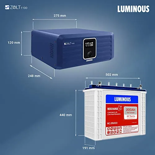 Luminous Inverter & Battery Combo (Zolt 1100 Pure Sine Wave 900VA/12V Inverter with Red Charge RC 25000 Tall Tubular 200Ah Battery) for Home, Office & Shops