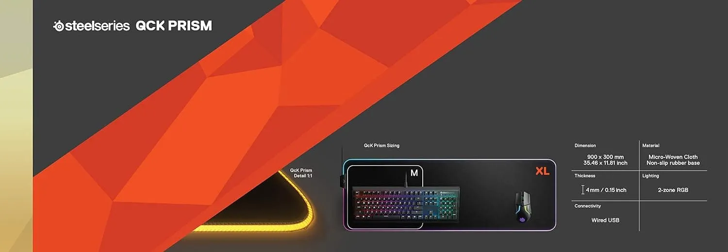 SteelSeries QcK Prism Cloth Gaming Mouse Pad - 2-zone RGB Illumination - Real-time Event Lighting - Optimized For Gaming Sensors - Size XL (900 x 300 x 2mm) - Black   RGB