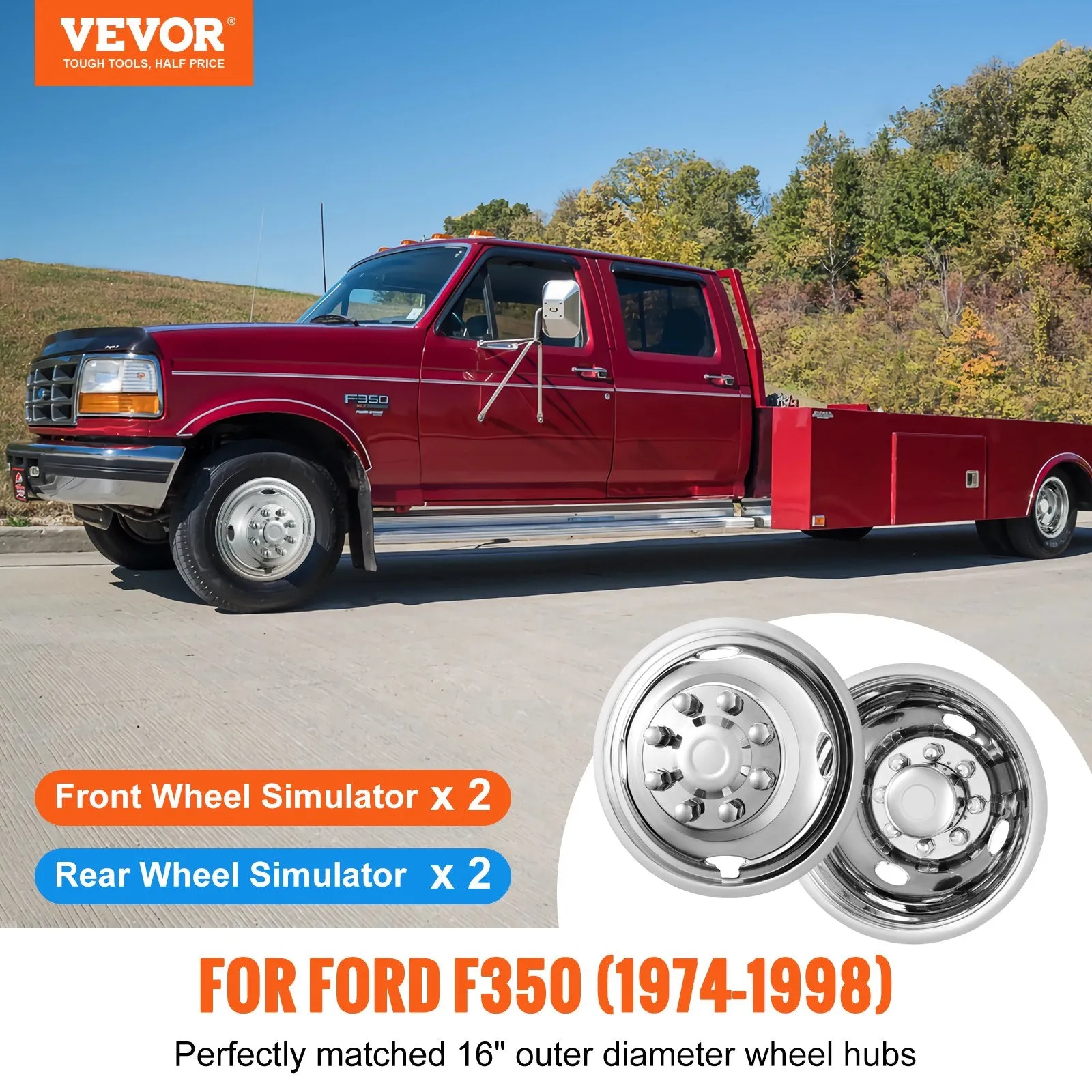 Vevor Wheel Simulators 16" 8 Lug for Ford F350 (1974-1998) Set of 4 Stainless Steel New