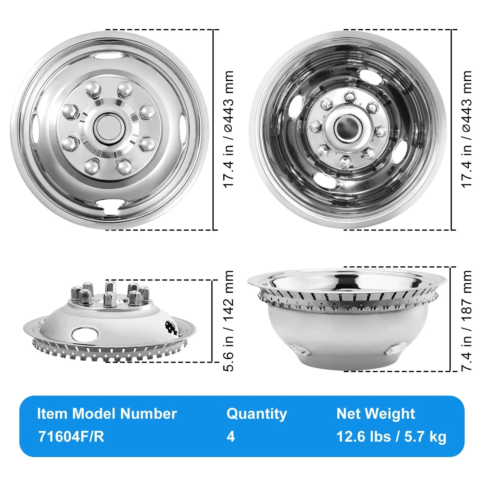 Vevor Wheel Simulators 16" 8 Lug for Ford F350 (1974-1998) Set of 4 Stainless Steel New